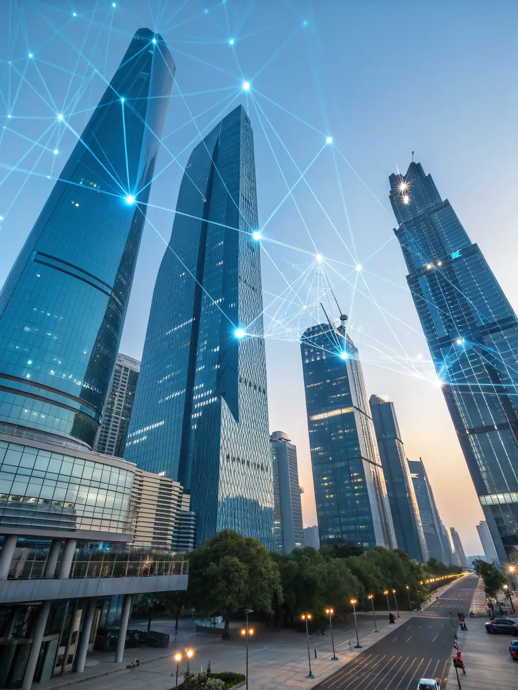 A futuristic cityscape with interconnected nodes representing data flow and AI integration, symbolizing Legal Innova's forward-thinking approach to legal and technological innovation.