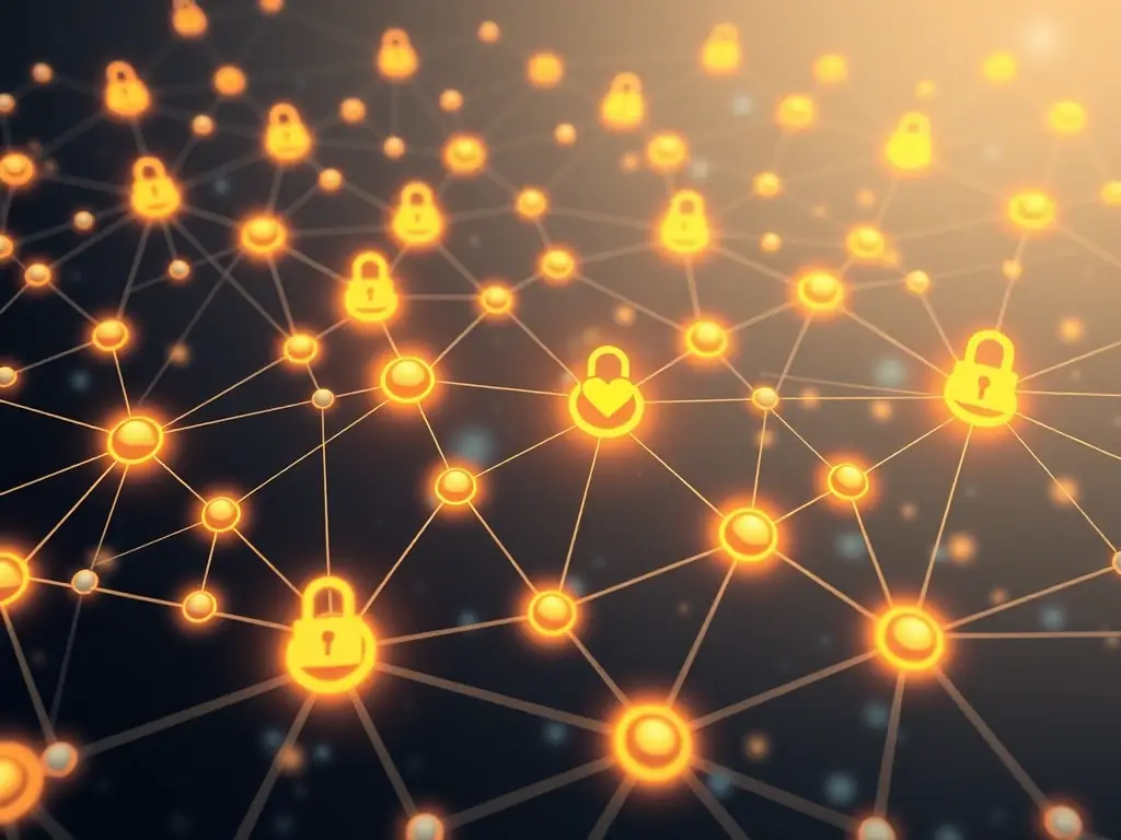 An image of a blockchain network with interconnected nodes, representing secure and transparent data management solutions.