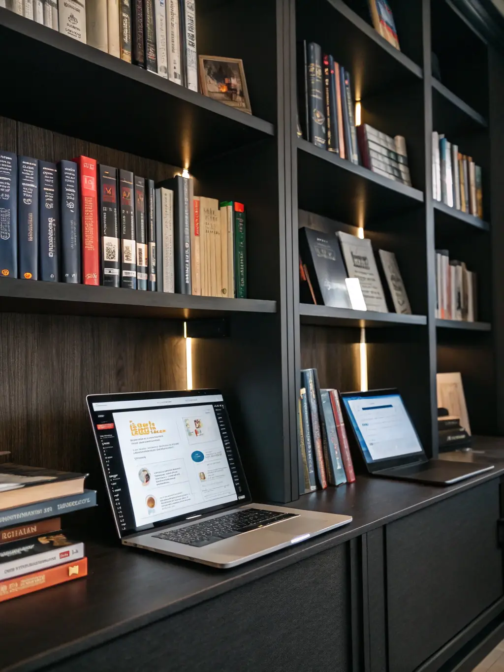 A stack of academic books with a holographic AI interface overlayed, representing Legal Innova's strong academic foundation.