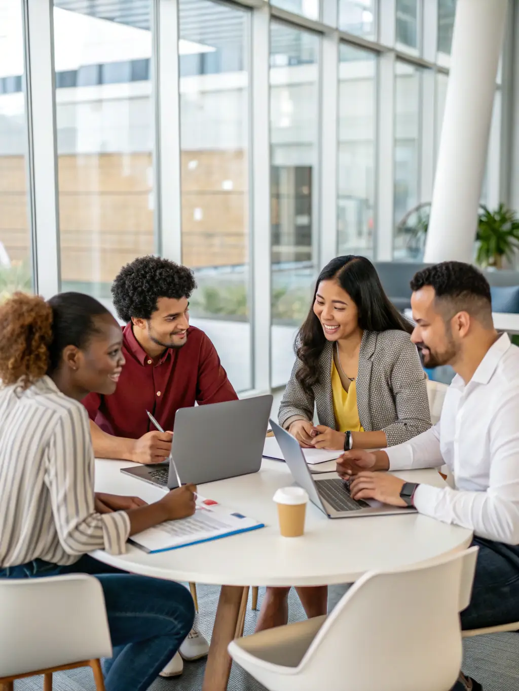A professional photograph of a diverse team of legal professionals and AI specialists collaborating in a modern office setting, symbolizing Legal Innova's integrated approach to legal and technological solutions.